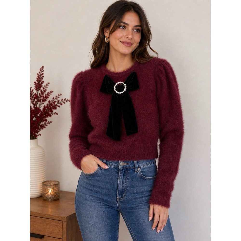 Zara Burgundy Fuzzy Knit Sweater Pearl Velvet Bow Puff Sleeve Cropped M